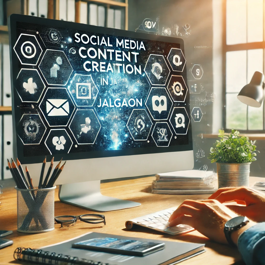 A professional workspace with a person creating social media content on a computer, showcasing social media content creation in Jalgaon with modern digital tools and social media platforms visible on the screen